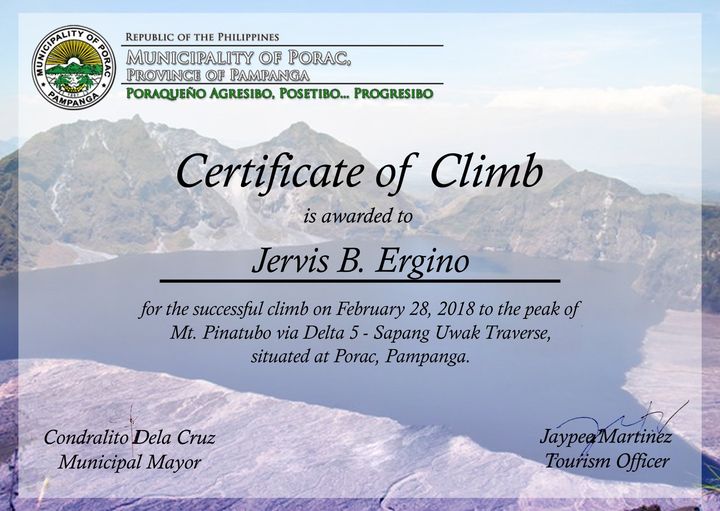 Mt. Pinatubo certificate of climb