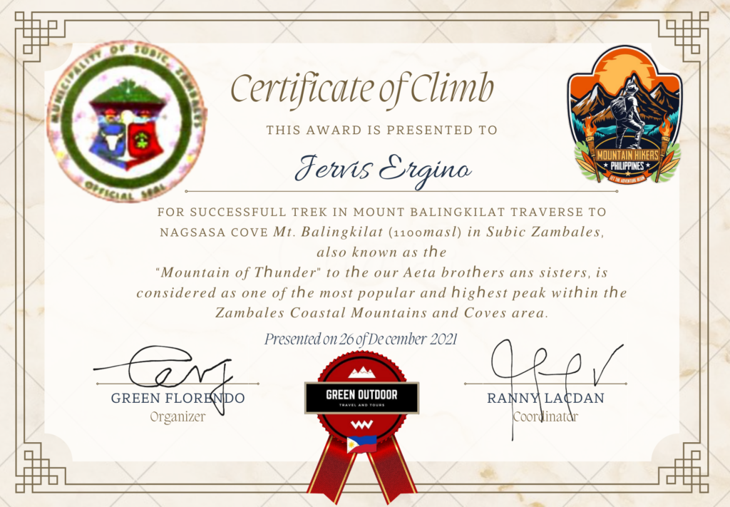 certificate of climb