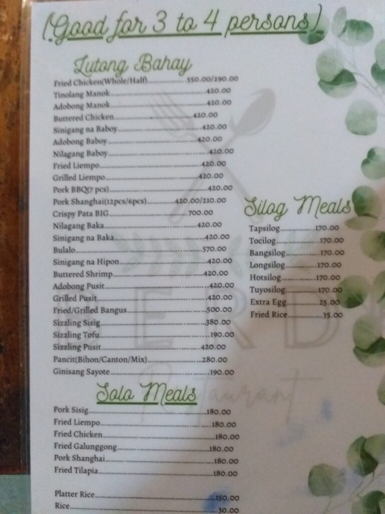 food menu at Treasure Mountain