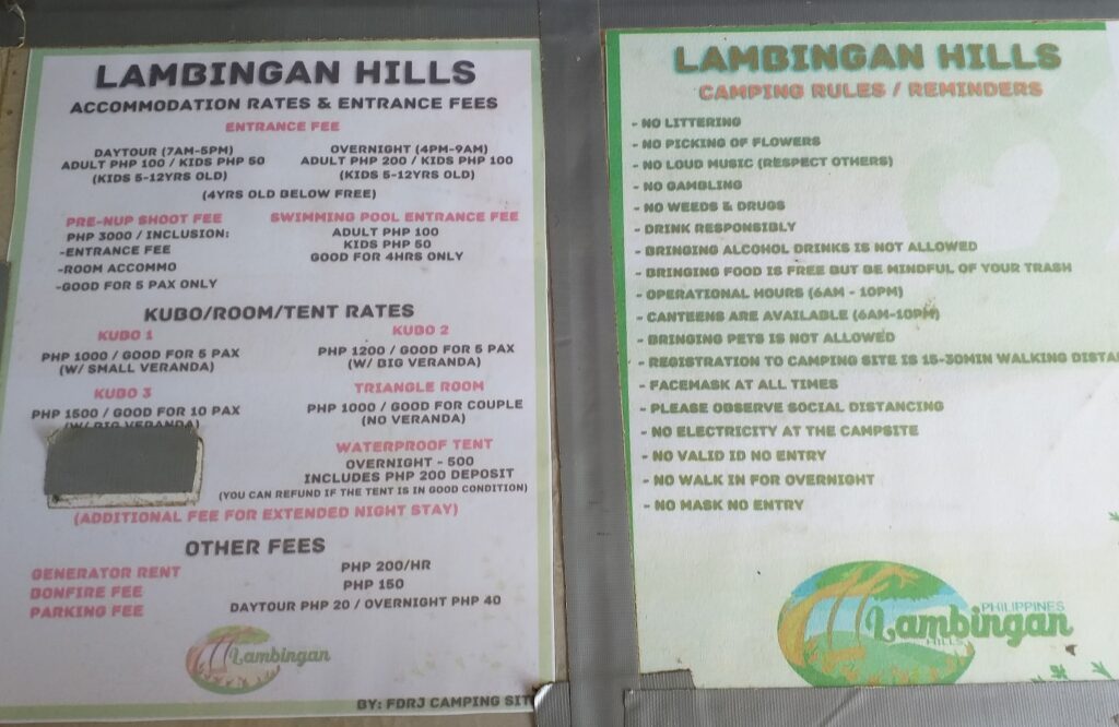 Lambingan Hills entrance fee and accommodation rates