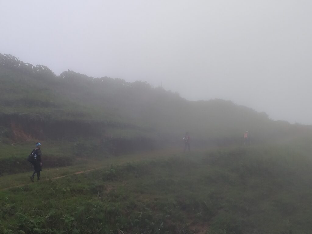 hiking along the foggy weather