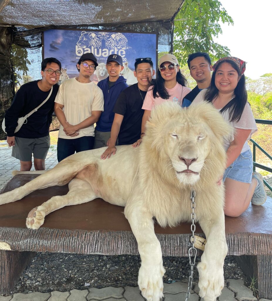 group picture with the big white lion
